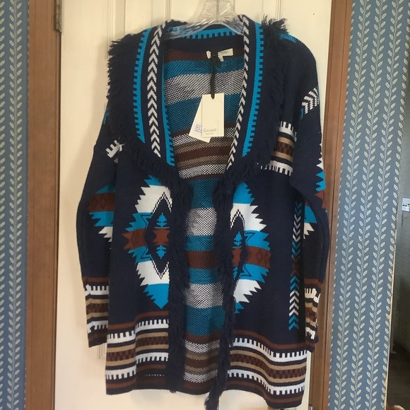 Cocogio Fringe Cardigan Sweater 30% Wool Navy Blue Small AI2147